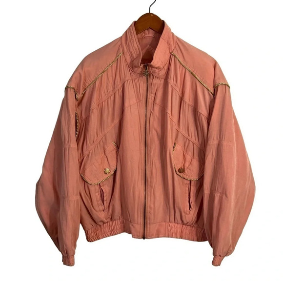 East West 90s Bomber Jacket Womens Large Peach Gold Trim Accent Zip Up Pockets - Picture 1 of 10